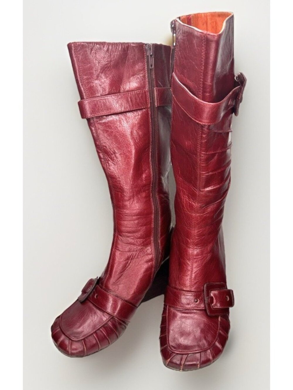 Miz Mooz Broadway Red Leather Knee High Wedge Boots Womens 6 Zip Boho Witchy